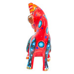 Wood alebrije figurine, 'Crimson Feline Questions' - Hand-Painted Copal Wood Alebrije Cat Figurine in Crimson