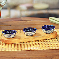 Ceramic and wood condiment set, 'Talavera Seasoning' (4 pieces) - 4-Piece Talavera Style Ceramic Condiment Set with Wood Tray