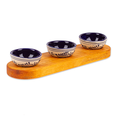 Set de condimentos de cerámica y madera, (4 piezas) - Juego de Condimentos de Cerámica Estilo Talavera de 4 Piezas con Bandeja de Madera