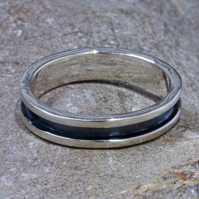Silberner Bandring für Herren - Herren-Bandring aus Taxco-950-Silber, oxidierte, polierte Oberfläche