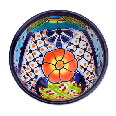 Ceramic snack bowl, 'Blooming Talavera' - Hand-Painted Mexican Talavera Style Ceramic snack Bowl