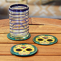 Decoupage wood coasters, 'La Catrina' (set of 4) - 4 Decoupage Pinewood Coasters with Day of the Dead Motifs