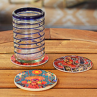 Decoupage wood coasters, 'Huichol Inspiration' (set of 4) - 4 Decoupage Pinewood Coasters with Mexican Huichol Motifs