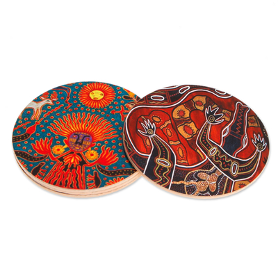 Decoupage wood coasters, 'Huichol Inspiration' (set of 4) - 4 Decoupage Pinewood Coasters with Mexican Huichol Motifs