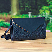 Leather sling, 'Historic Floral in Midnight' - Floral Patterned Leather Sling and Clutch in a Midnight Hue