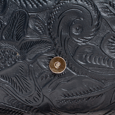 Leather sling, 'Historic Floral in Midnight' - Floral Patterned Leather Sling and Clutch in a Midnight Hue