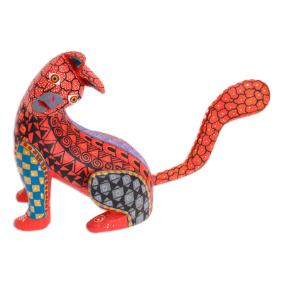 Wood alebrije figurine, 'Curious Cat in Red' - Wood Cat Alebrije Figurine in Red Hand-Painted in Mexico