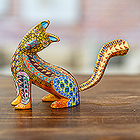 Wood alebrije figurine, 'Curious Cat in Amber' - Wood Cat Alebrije Figurine in Amber Hand-Painted in Mexico