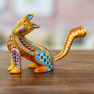 Wood alebrije figurine, 'Curious Cat in Amber' - Wood Cat Alebrije Figurine in Amber Hand-Painted in Mexico