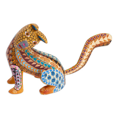 Wood alebrije figurine, 'Curious Cat in Amber' - Wood Cat Alebrije Figurine in Amber Hand-Painted in Mexico