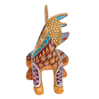 Wood alebrije figurine, 'Curious Cat in Amber' - Wood Cat Alebrije Figurine in Amber Hand-Painted in Mexico