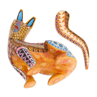 Wood alebrije figurine, 'Curious Cat in Amber' - Wood Cat Alebrije Figurine in Amber Hand-Painted in Mexico