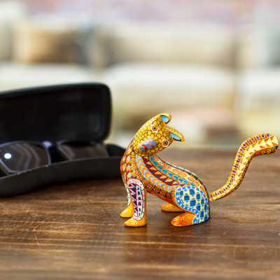 Wood alebrije figurine, 'Curious Cat in Amber' - Wood Cat Alebrije Figurine in Amber Hand-Painted in Mexico