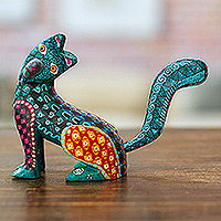 Wood alebrije figurine, 'Curious Cat in Green' - Wood Cat Alebrije Figurine in Green Hand-Painted in Mexico