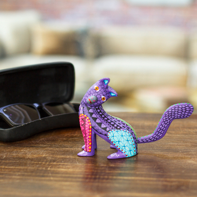 Wood alebrije figurine, 'Curious Cat in Purple' - Wood Cat Alebrije Figurine in Purple Hand-Painted in Mexico
