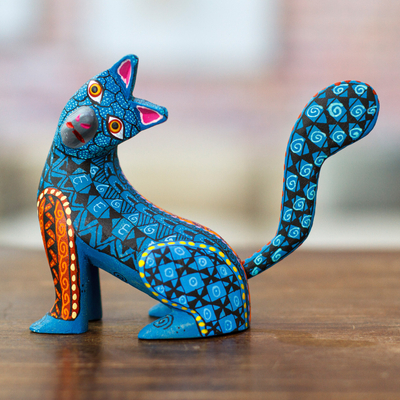 Wood alebrije figurine, 'Curious Cat in Teal' - Wood Cat Alebrije Figurine in Teal Hand-Painted in Mexico