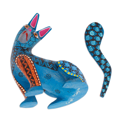 Wood alebrije figurine, 'Curious Cat in Teal' - Wood Cat Alebrije Figurine in Teal Hand-Painted in Mexico