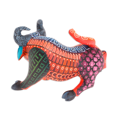 Wood alebrije figurine, 'Little Red Bull' - Hand-Painted Wood Bull  Alebrije Figurine in Red and Blue