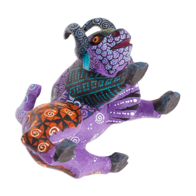 Wood alebrije figurine, 'Little Purple Bull' - Hand-Painted Wood Bull Alebrije Figurine in Purple & Orange