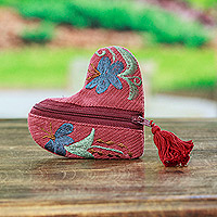Embroidered cotton coin purse, 'Frugal Romance' - Embroidered Floral Heart-Shaped Burgundy Cotton Coin Purse