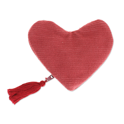 Monedero de algodón bordado - Monedero de algodón burdeos con bordado floral en forma de corazón