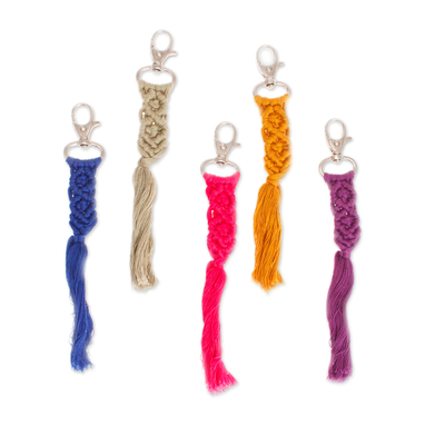 Cotton keychains, 'Braided colours' (set of 5) - Set of 5 Handwoven Cotton Keychains with Steel Hooks