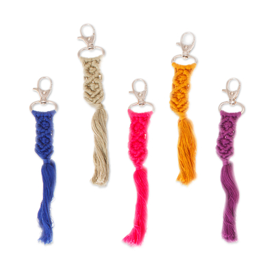 Cotton keychains, 'Braided Colors' (set of 5) - Set of 5 Handwoven Cotton Keychains with Steel Hooks