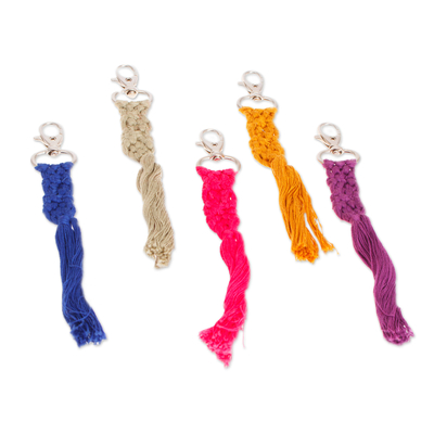 Cotton keychains, 'Braided colours' (set of 5) - Set of 5 Handwoven Cotton Keychains with Steel Hooks