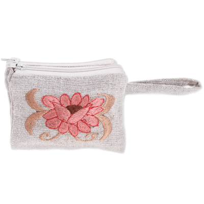 Embroidered cotton coin purse, 'Double Rose' - Embroidered Rose and Grey Cotton Double-Pocket Coin Purse