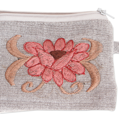Embroidered cotton coin purse, 'Double Rose' - Embroidered Rose and Grey Cotton Double-Pocket Coin Purse