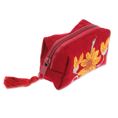 Embroidered cotton coin purse, 'Burgundy Spring' - Embroidered Floral Burgundy and Marigold Cotton Coin Purse