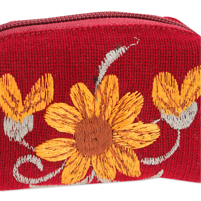 Monedero de algodón bordado, 'Primavera de Borgoña' - Monedero de moneda de algodón floral de borgoña y caléndula bordado