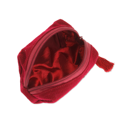 Embroidered cotton coin purse, 'Burgundy Spring' - Embroidered Floral Burgundy and Marigold Cotton Coin Purse