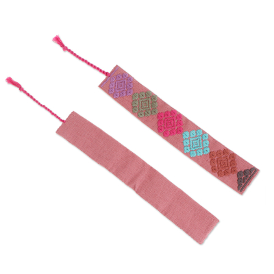 Cotton bookmarks, 'Pink Allies' (pair) - Pair of Handloomed Cotton Bookmarks in a Pink Base Hue