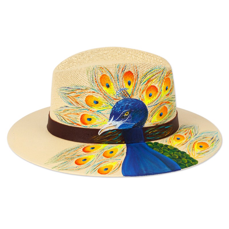 Hand-Painted Peacock-Themed Leather-Accented Cotton Hat  display picture 2