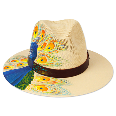 Leather-accented cotton hat, 'Divine Spirit' - Hand-Painted Peacock-Themed Leather-Accented Cotton Hat