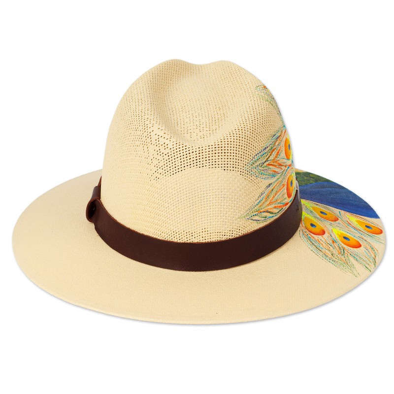 Hand-Painted Peacock-Themed Leather-Accented Cotton Hat - Divine Spirit ...