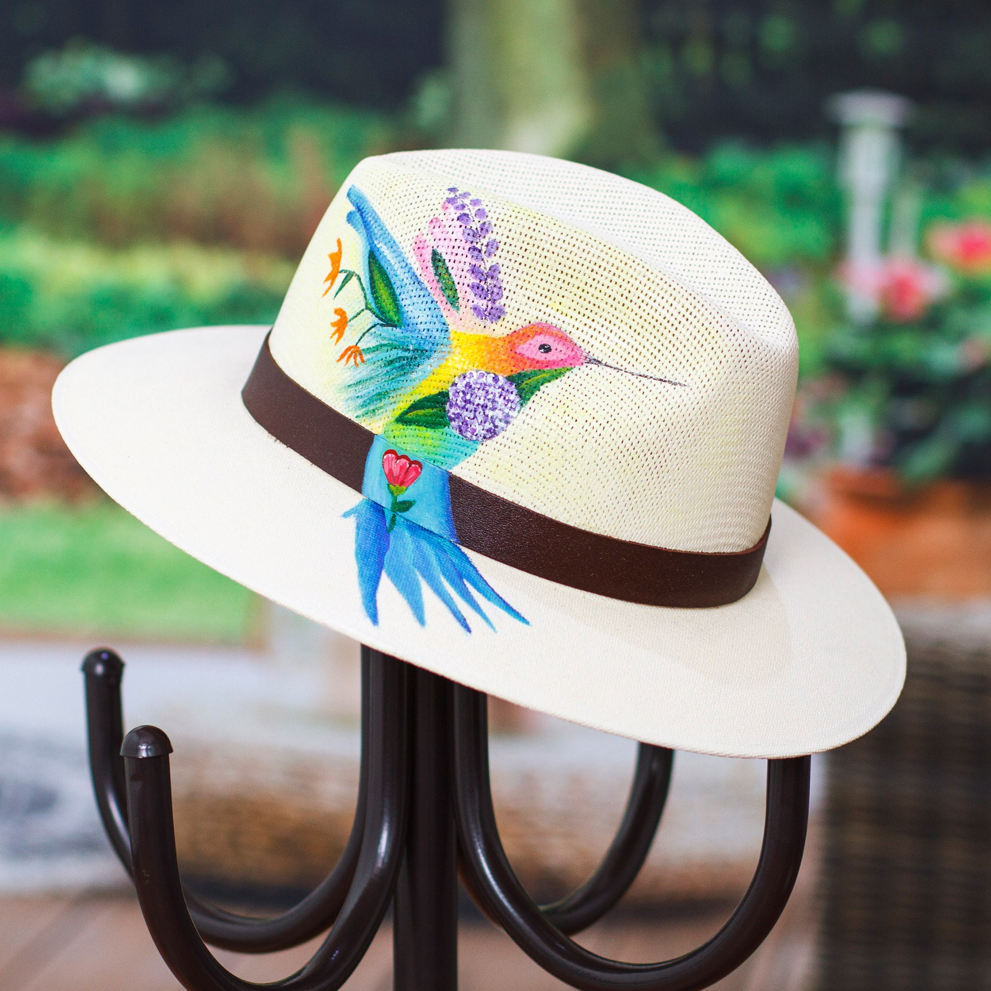 Hand Painted Hummingbird Straw Hat | Wide Brim Artisan Sun Hat Hummingbird Design Hand Painted Hat - 4 main image 2
