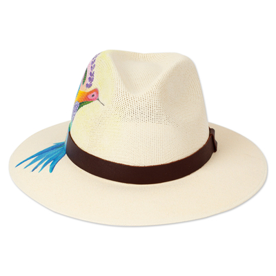 Gorro de algodón con detalles en piel - Sombrero de algodón con detalles en cuero y temática de colibrí pintado a mano