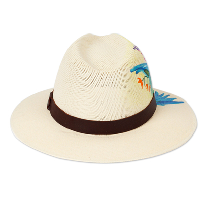 Leather-accented cotton hat, 'Jolly Spirit' - Hand-Painted Hummingbird-Themed Leather-Accented Cotton Hat