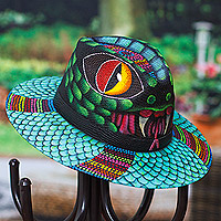 Leather-accented cotton hat, 'Viper Side' - Painted Snake-Themed Turquoise Cotton Hat with Leather Band