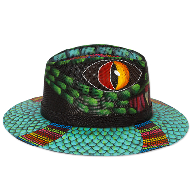 Leather-accented cotton hat, 'Viper Side' - Painted Snake-Themed Turquoise Cotton Hat with Leather Band