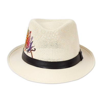 Gorro de algodón con detalles en piel - Sombrero de algodón con detalles en cuero y temática de plumas pintado a mano