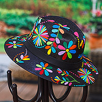 Cotton hat, 'Jolly Season' - Painted Floral Multicolor Cotton Hat with Faux Leather Band