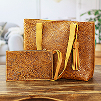 Leather tote bag and wristlet set, 'Classic Honey' - Baroque-Inspired Floral Honey Leather Tote Bag and Wristlet