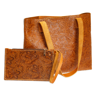 Set aus Ledertasche und Armband - Einkaufstasche und Armband aus Leder im Barock-Stil mit floralem Honigmuster