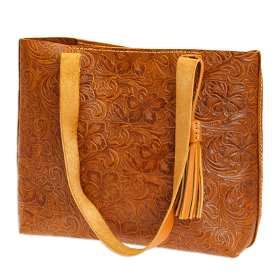 Conjunto de bolso tote y pulsera de piel - Bolso tote y muñequera de cuero miel floral de inspiración barroca