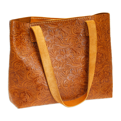 Leather tote bag and wristlet set, 'Classic Honey' - Baroque-Inspired Floral Honey Leather Tote Bag and Wristlet