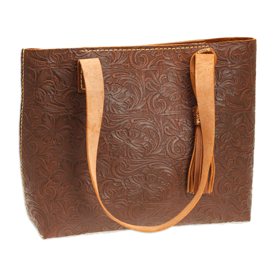 Leather tote bag and wristlet set, 'Classic Chocolate' - Baroque Floral Chocolate Leather Tote Bag and Wristlet