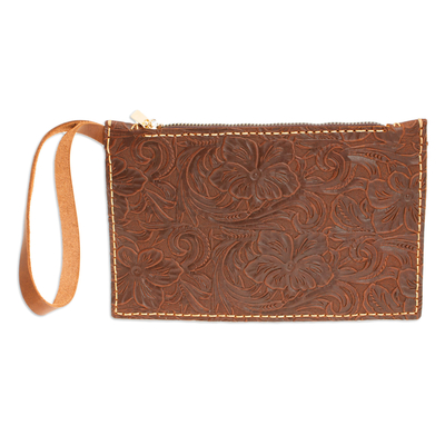 Conjunto de bolso tote y pulsera de piel - Bolso tote y pulsera de cuero color chocolate floral barroco